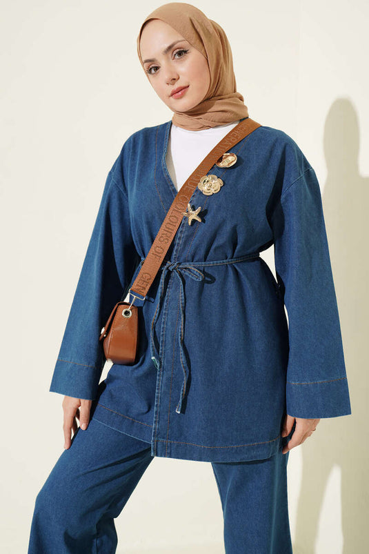 Completo Jeans Con Scollo A V E Spille Blu