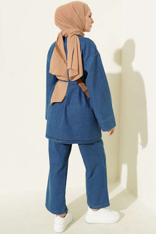 Completo Jeans Con Scollo A V E Spille Blu
