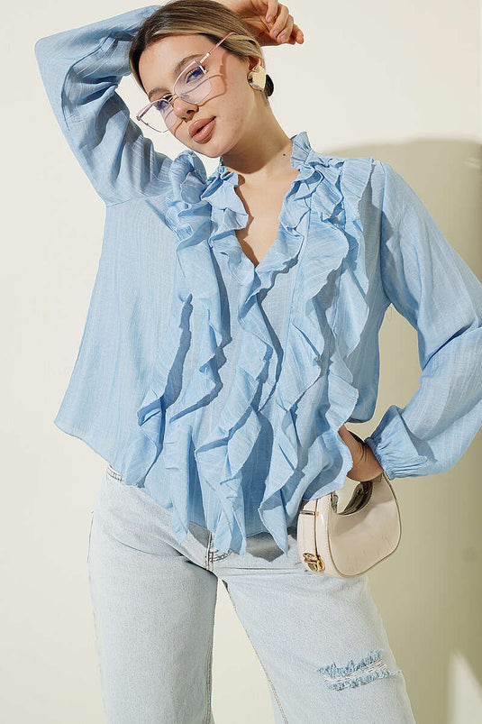 Blusa a righe con volant e scollo a V blu