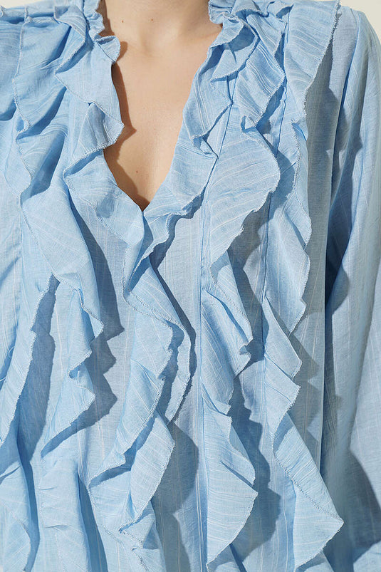 Blusa a righe con volant e scollo a V blu