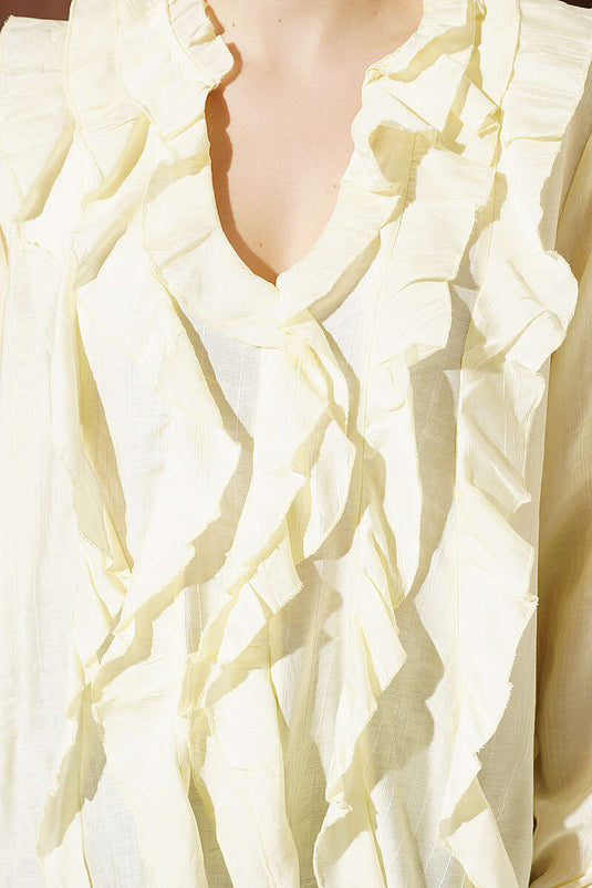 Blusa a righe con volant e scollo a V giallo