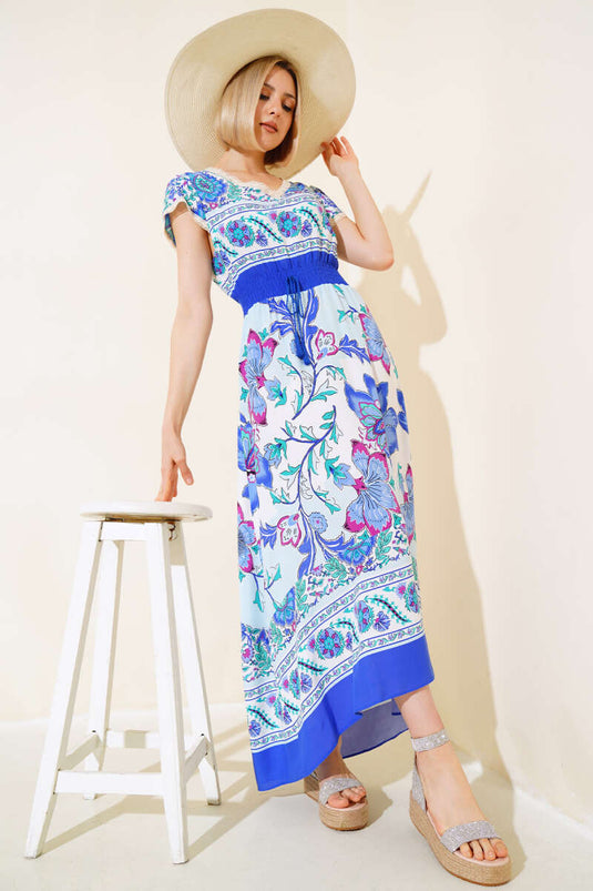 V Yaka Dantel Detaylı Elbise Saks