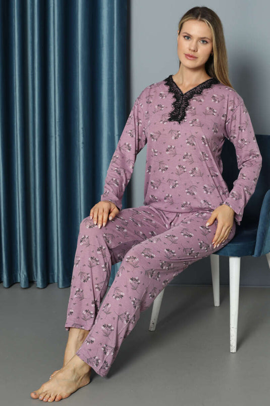 V Yaka Desenli Dantelli Pijama Takımı Magenta