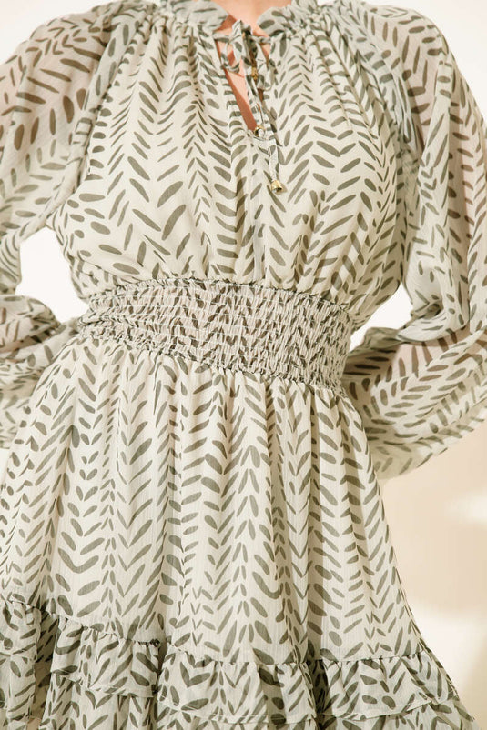 V Yaka Desenli Fırfırlı Şifon Mini Elbise Haki