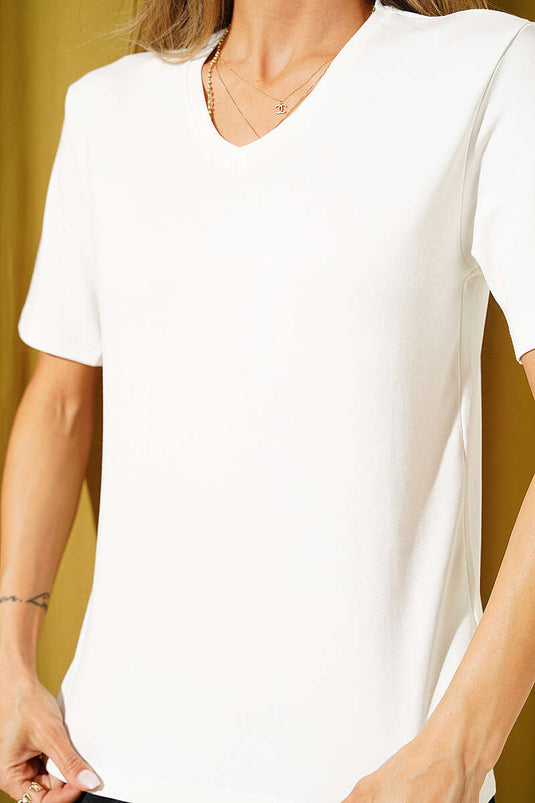 V Yaka Detaylı Basic T-shirt Ekru