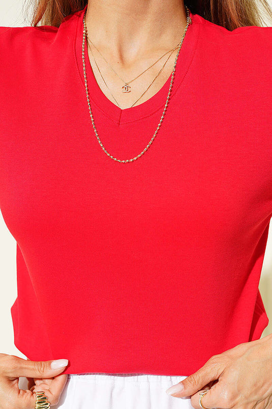 V Yaka Detaylı Basic T-shirt Kırmızı