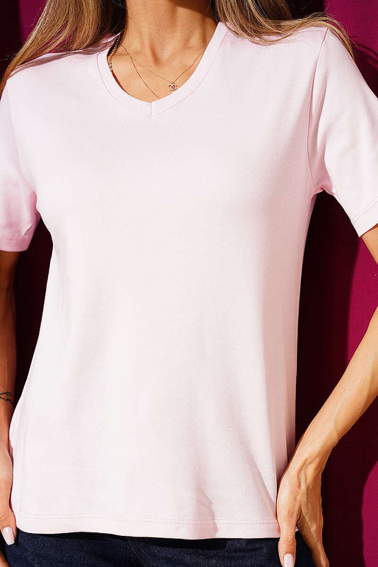 V Yaka Detaylı Basic T-shirt Pembe