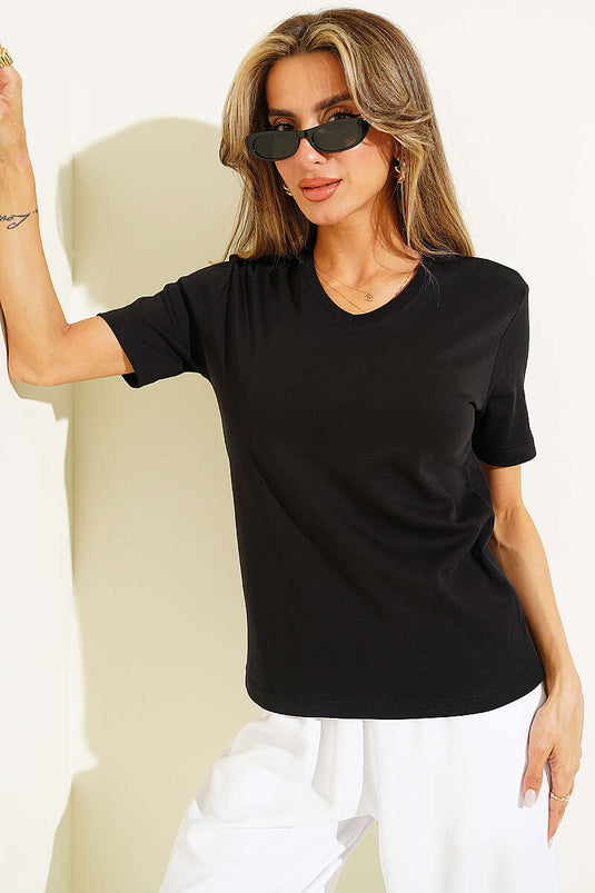 V Yaka Detaylı Basic T-shirt Siyah