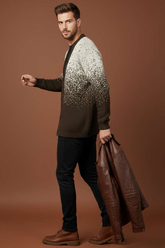 V-Neck Buttoned Men's Knitted Cardigan, Brown