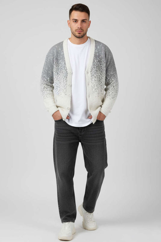 V Yaka Düğmeli Erkek Triko Hırka Kemik