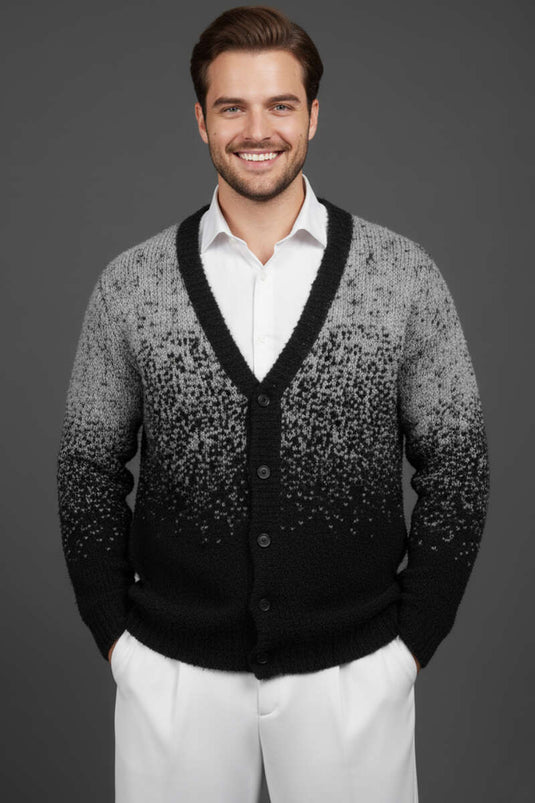 V-Neck Buttoned Men's Knitted Cardigan, Black