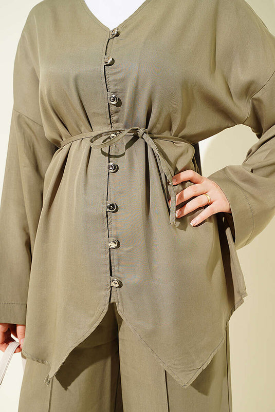 Ensemble deux pièces col en V avec boutons, vert avocat