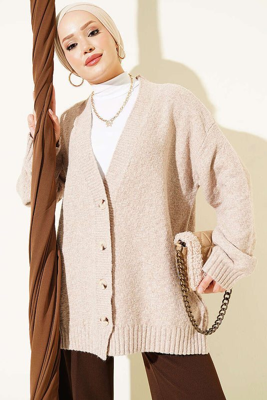 Cardigan Beige Oversize Con Scollo A V E Bottoni
