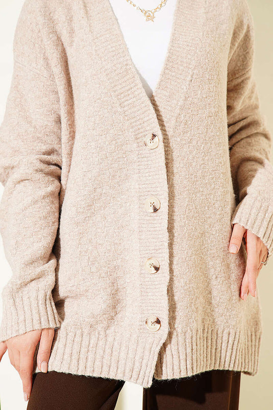 Cardigan Beige Oversize Con Scollo A V E Bottoni
