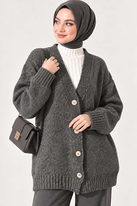 Oversized Strickjacke Mit V-Ausschnitt Und Knöpfen, Rauchgrau