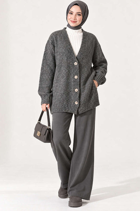 Oversized Strickjacke Mit V-Ausschnitt Und Knöpfen, Rauchgrau