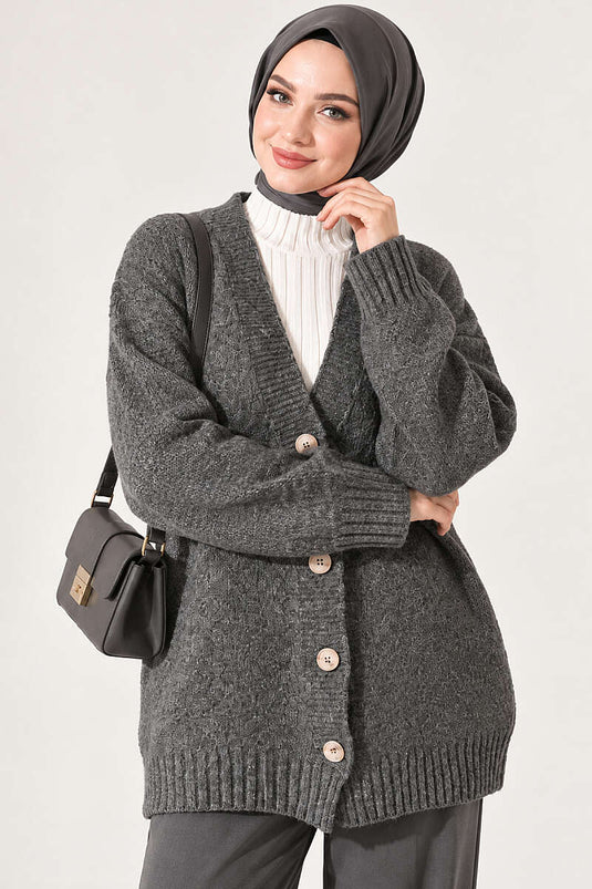 Oversized Strickjacke Mit V-Ausschnitt Und Knöpfen, Rauchgrau