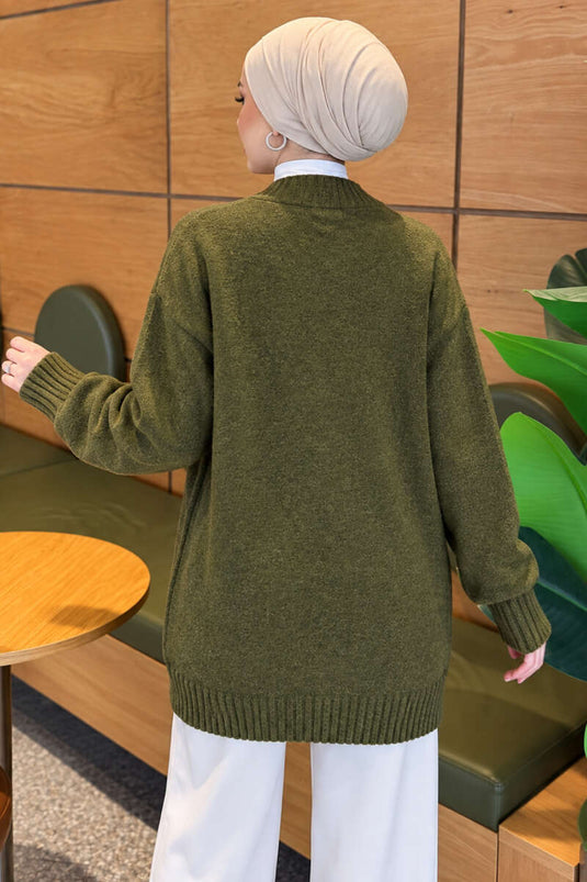 Gilet En Maille Oversize À Col En V Et Boutons Kaki