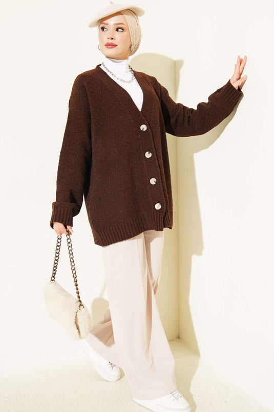 Gilet En Maille Oversize À Col En V Et Boutons Marron