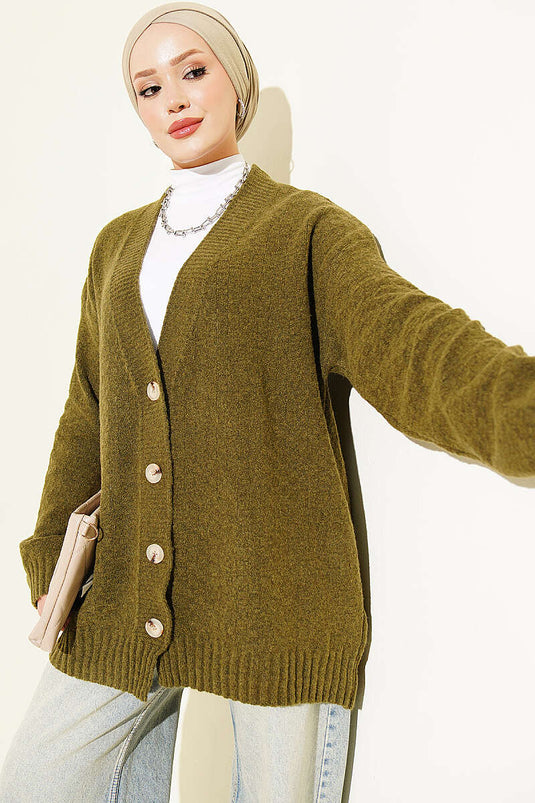 Gilet En Maille Oversize À Col En V Et Boutons, Vert Olive