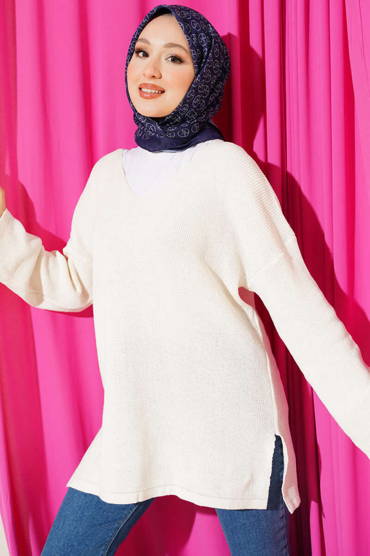 Tunique en tricot uni col V écru