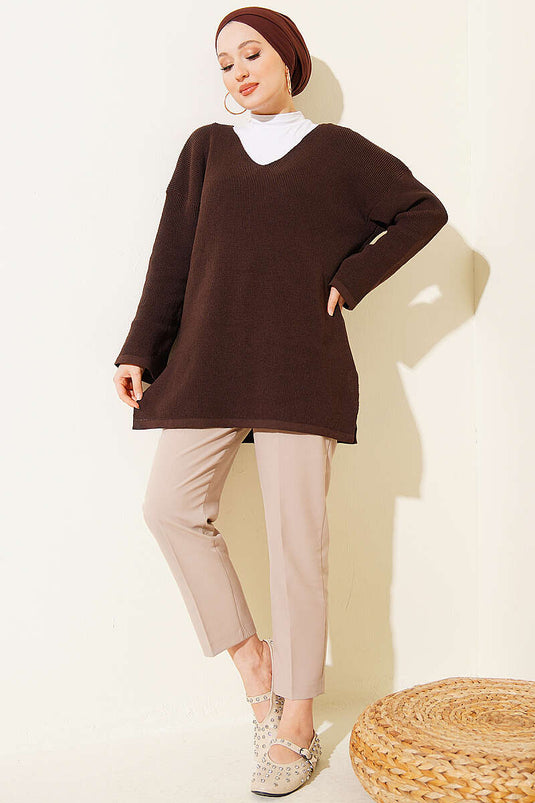 V-neck Plain Knit Tunic Brown