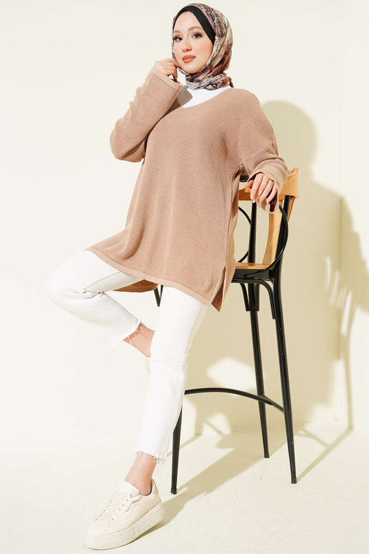 V-Neck Plain Knit Tunic Latte