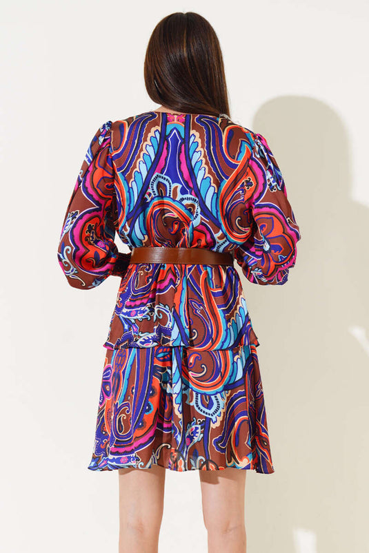 V-Neck Ethnic Pattern Satin Dress Brown