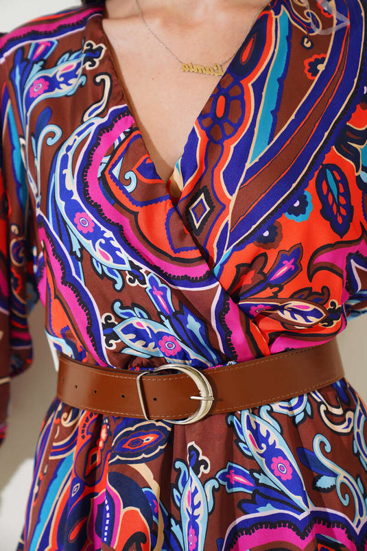 V-Neck Ethnic Pattern Satin Dress Brown