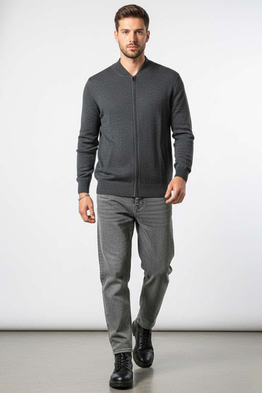 V Yaka Fermuarlı Erkek Triko Hırka Antrasit