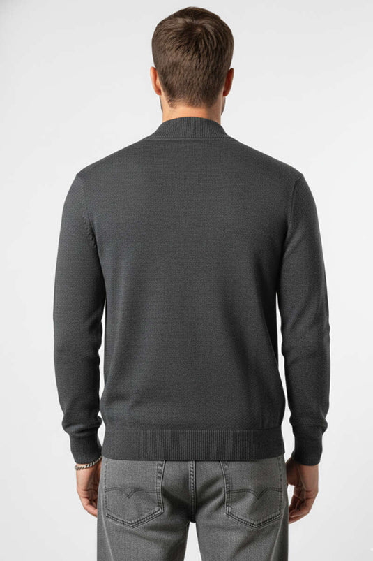 V Yaka Fermuarlı Erkek Triko Hırka Antrasit