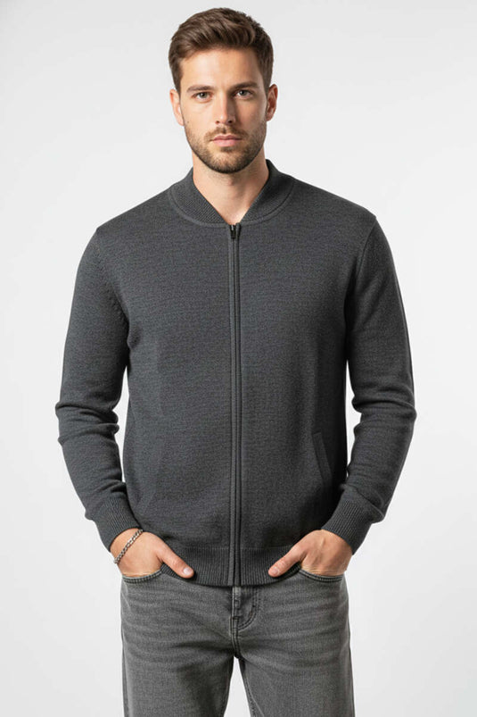 V Yaka Fermuarlı Erkek Triko Hırka Antrasit