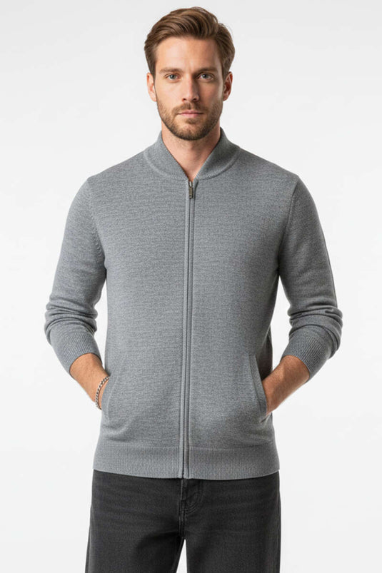 Cardigan da uomo in maglia grigia con collo a V e chiusura a cerniera