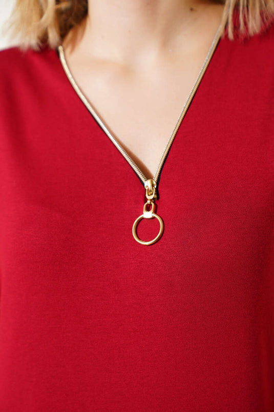 V Yaka Fermuarlı Kısa Kol Bluz Bordo