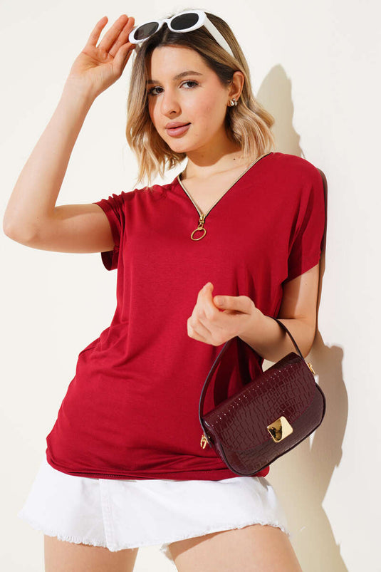 Blusa burdeos de manga corta con cuello en V y cremallera