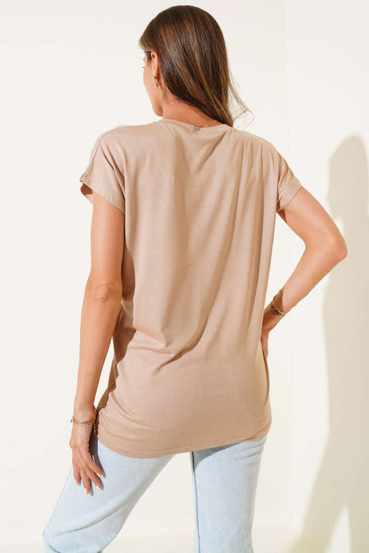 V Yaka Fermuarlı Kısa Kol Bluz Latte