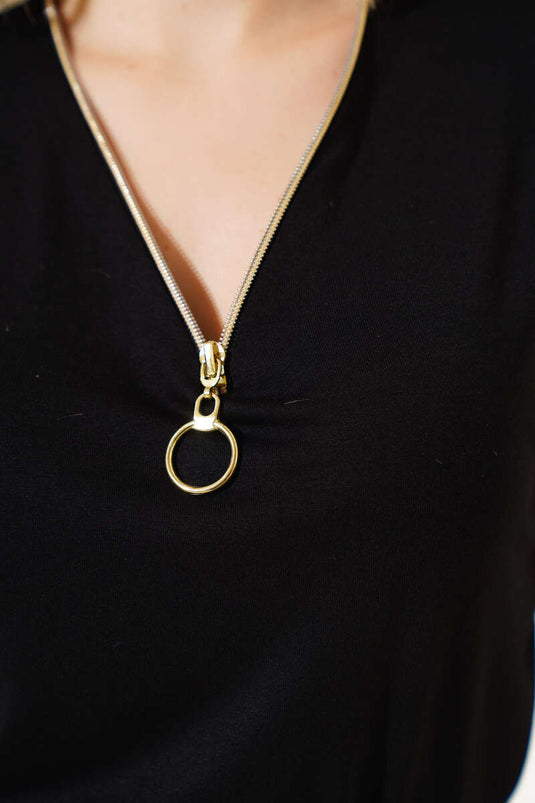 V Yaka Fermuarlı Kısa Kol Bluz Siyah