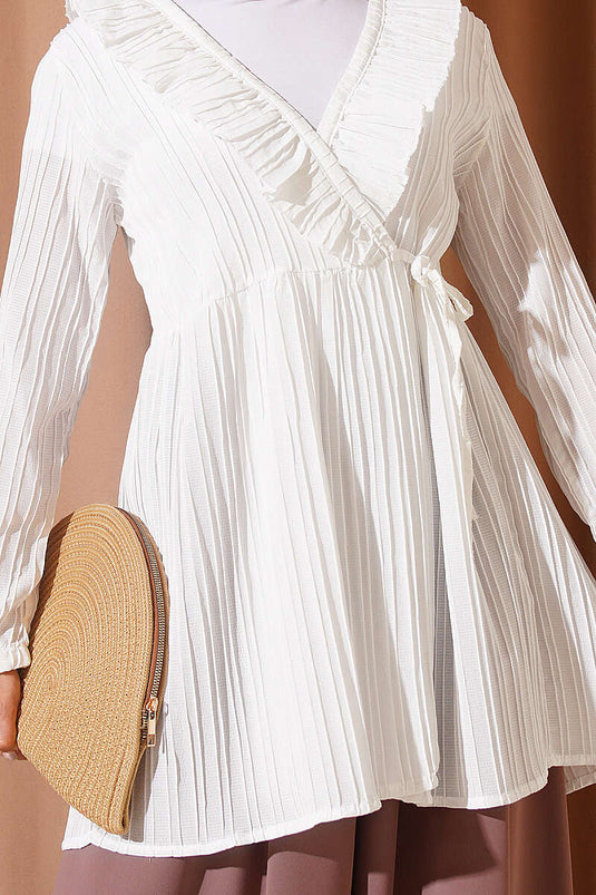 Kimono Blanco Con Cuello En V Y Volantes