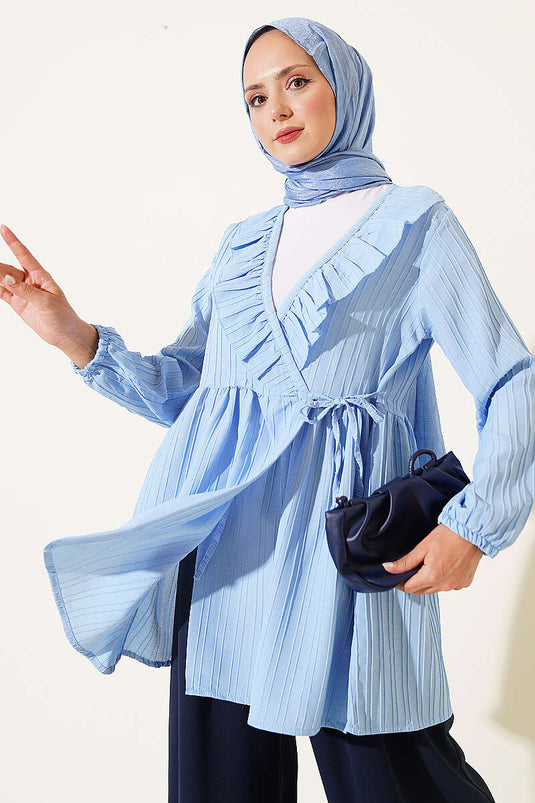 Kimono Azul Con Cuello En V Y Volantes