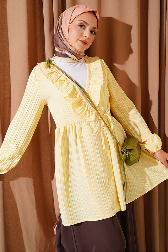 Yellow V-Neck Ruffled Kimono