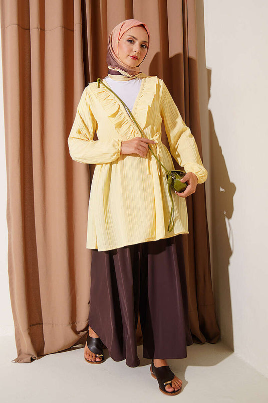 Yellow V-Neck Ruffled Kimono