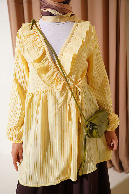 Yellow V-Neck Ruffled Kimono