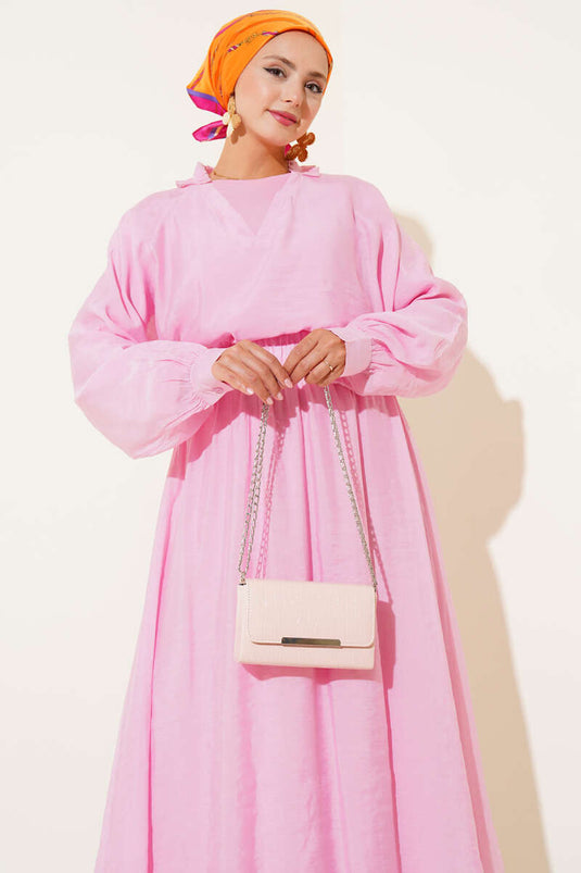 V Yaka Fırfırlı Etekli Üçlü Takım Pembe