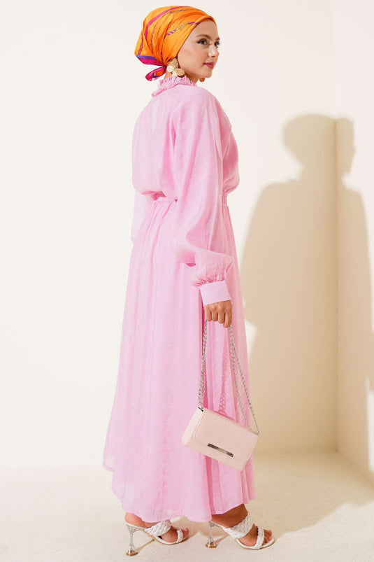 V Yaka Fırfırlı Etekli Üçlü Takım Pembe