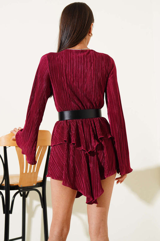 V-Neck Ruffle Mini Dress Burgundy