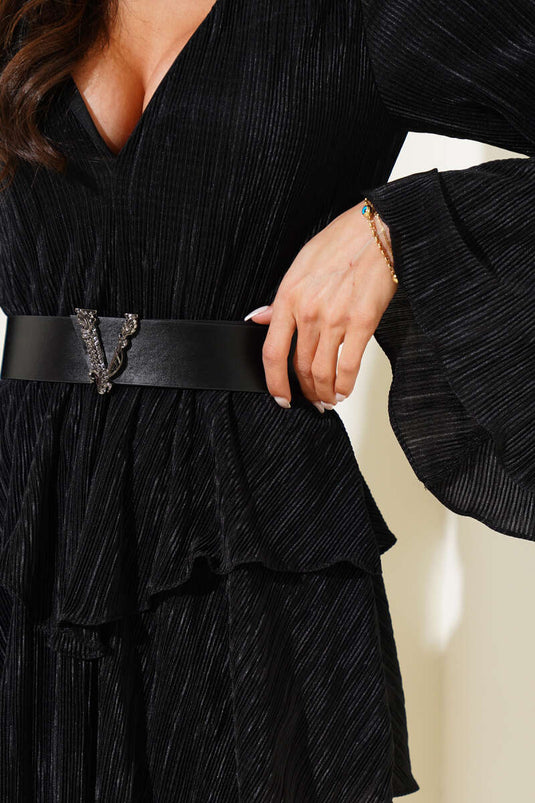 V-Neck Ruffle Mini Dress Black