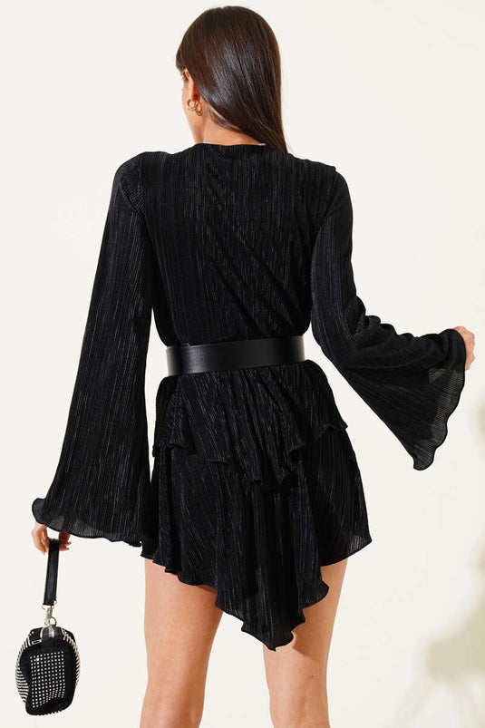 V-Neck Ruffle Mini Dress Black