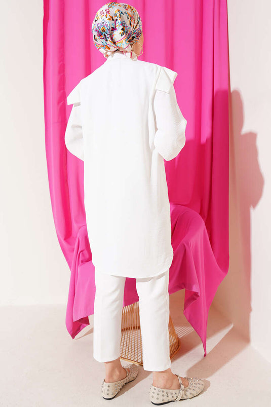 V Yaka Fırfırlı Tunik Beyaz