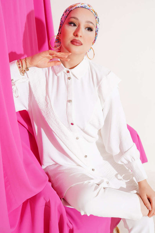 V Yaka Fırfırlı Tunik Beyaz