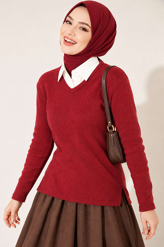 V Yaka Fitilli Kaşe Bluz Bordo
